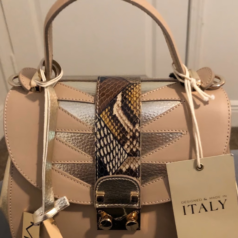 GIORGIA MILANI Tan Matte & Metallic Leather/Faux Snakeskin & Rose Gold Hardware